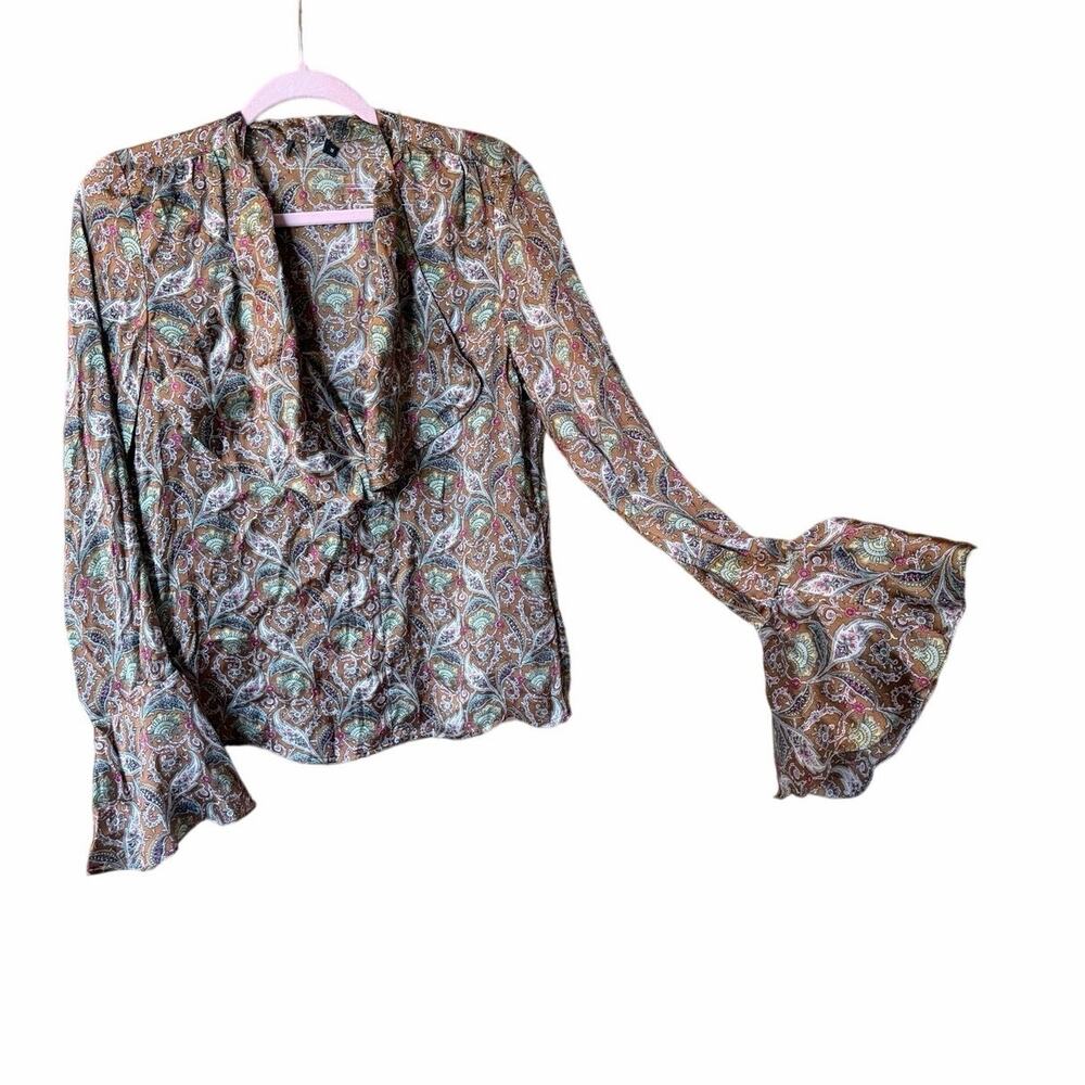 DKNY brown paisley long sleeve ruffle collar sleeve blouse poet peasant boho 10